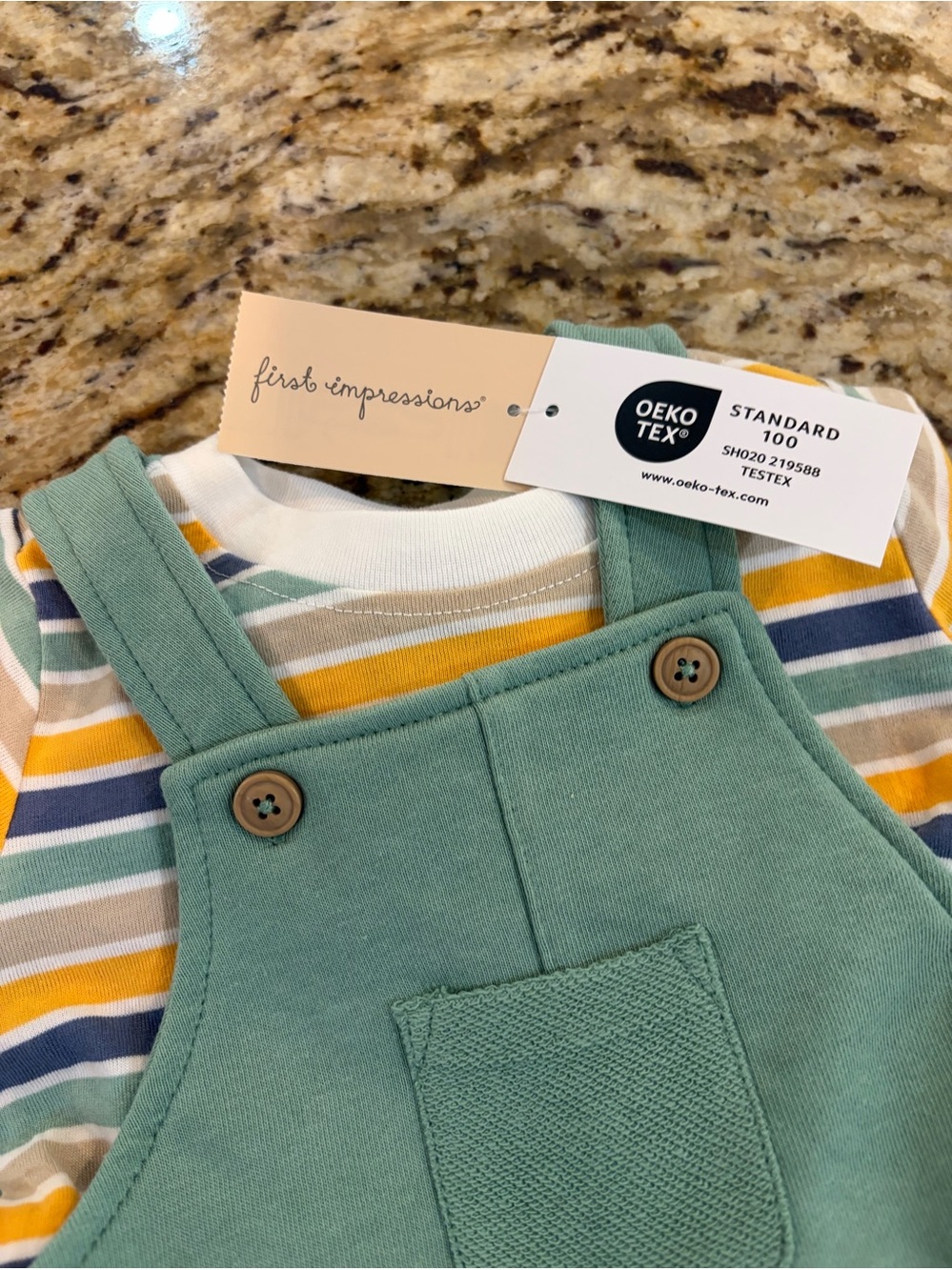 First Impressions Green Overalls with Multicolor Striped Tee Size 6-9 mos.